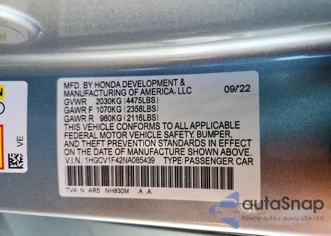 2022 Honda Accord Sport Se из США, поврежденный, VIN 1HGCV1F42NA085439